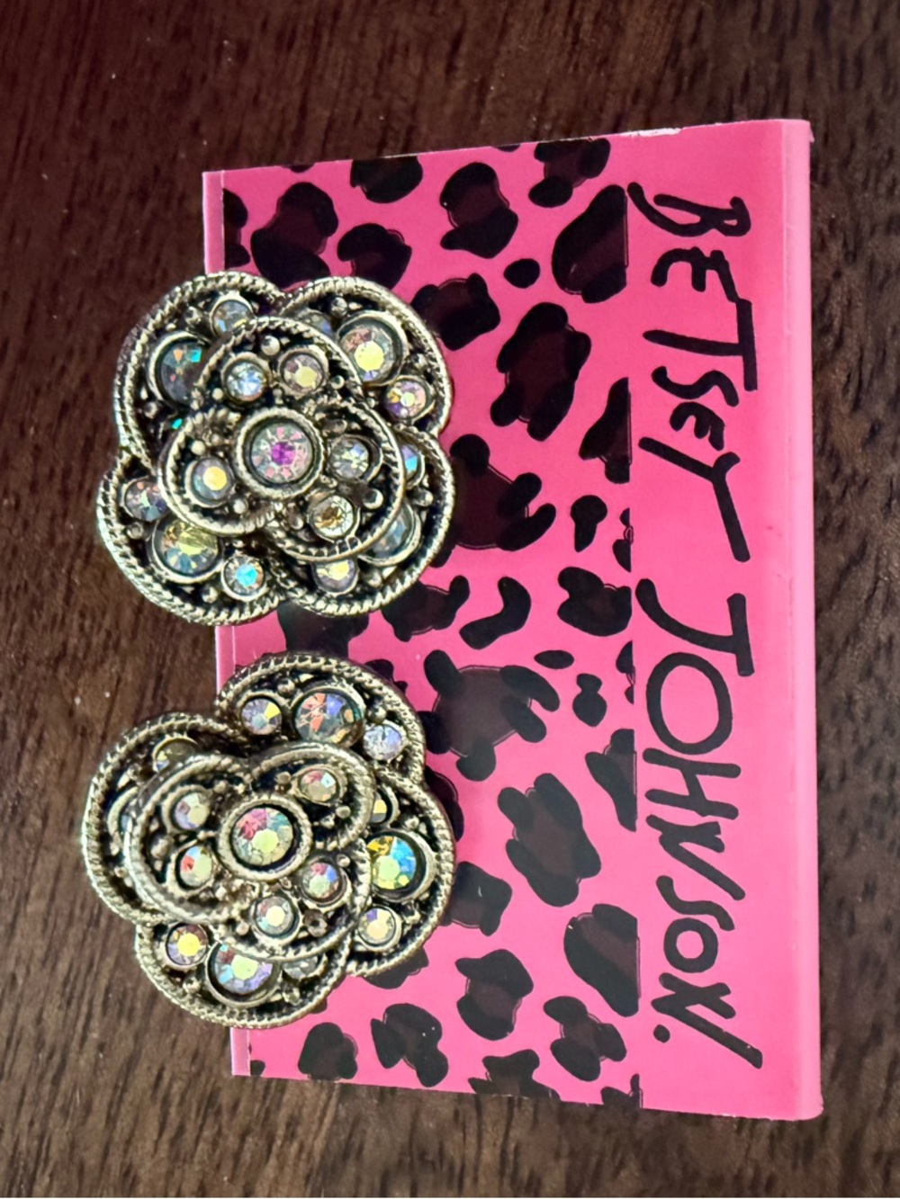 Betsey Johnson Gold Floral Crystal Clip-On Earrings - Iridescent Accents
